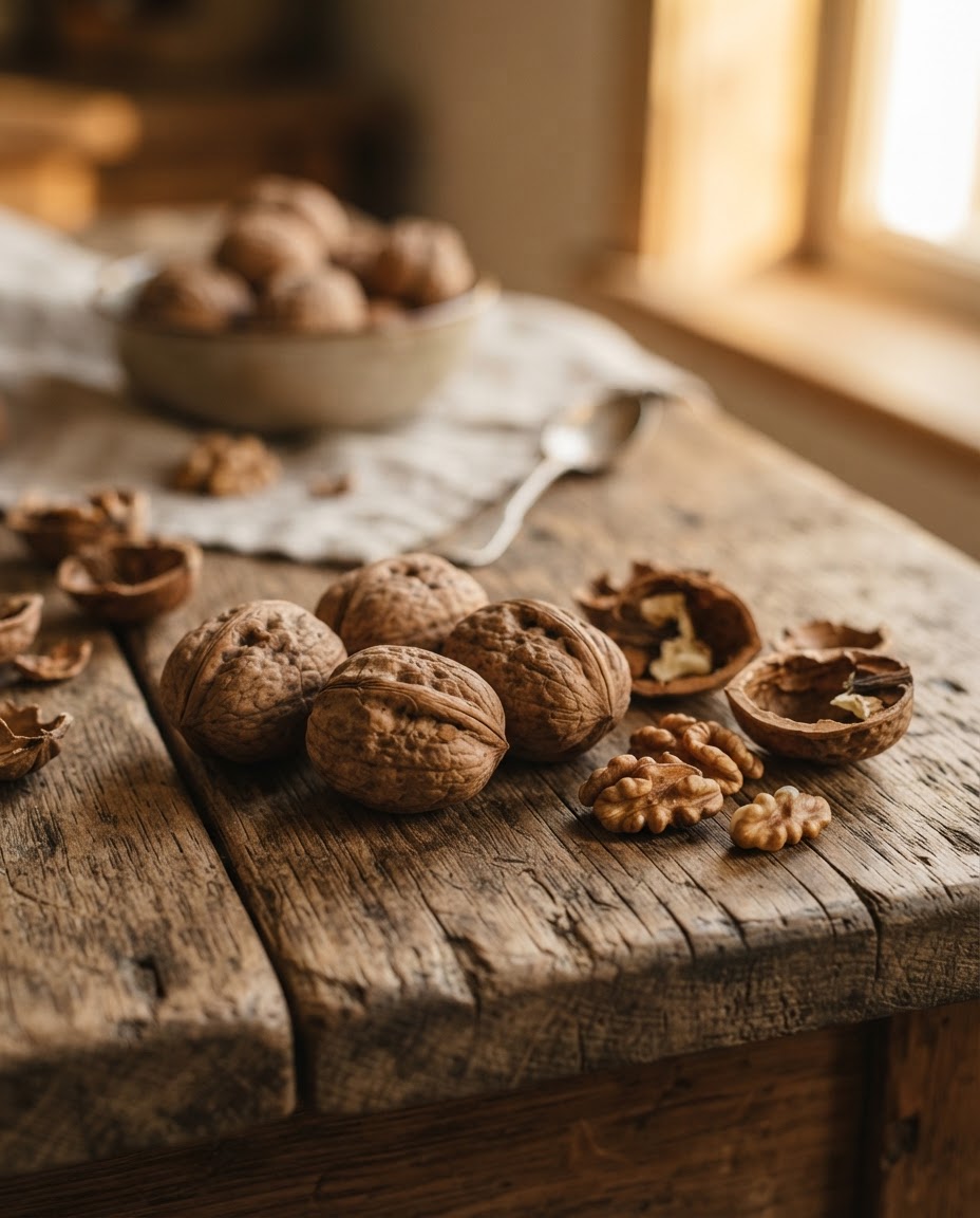 Nueces sobre superficie de madera, luz cálida