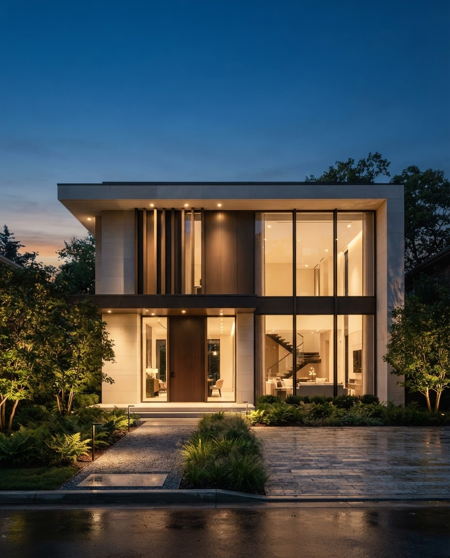 Fachada arquitectónica moderna al atardecer