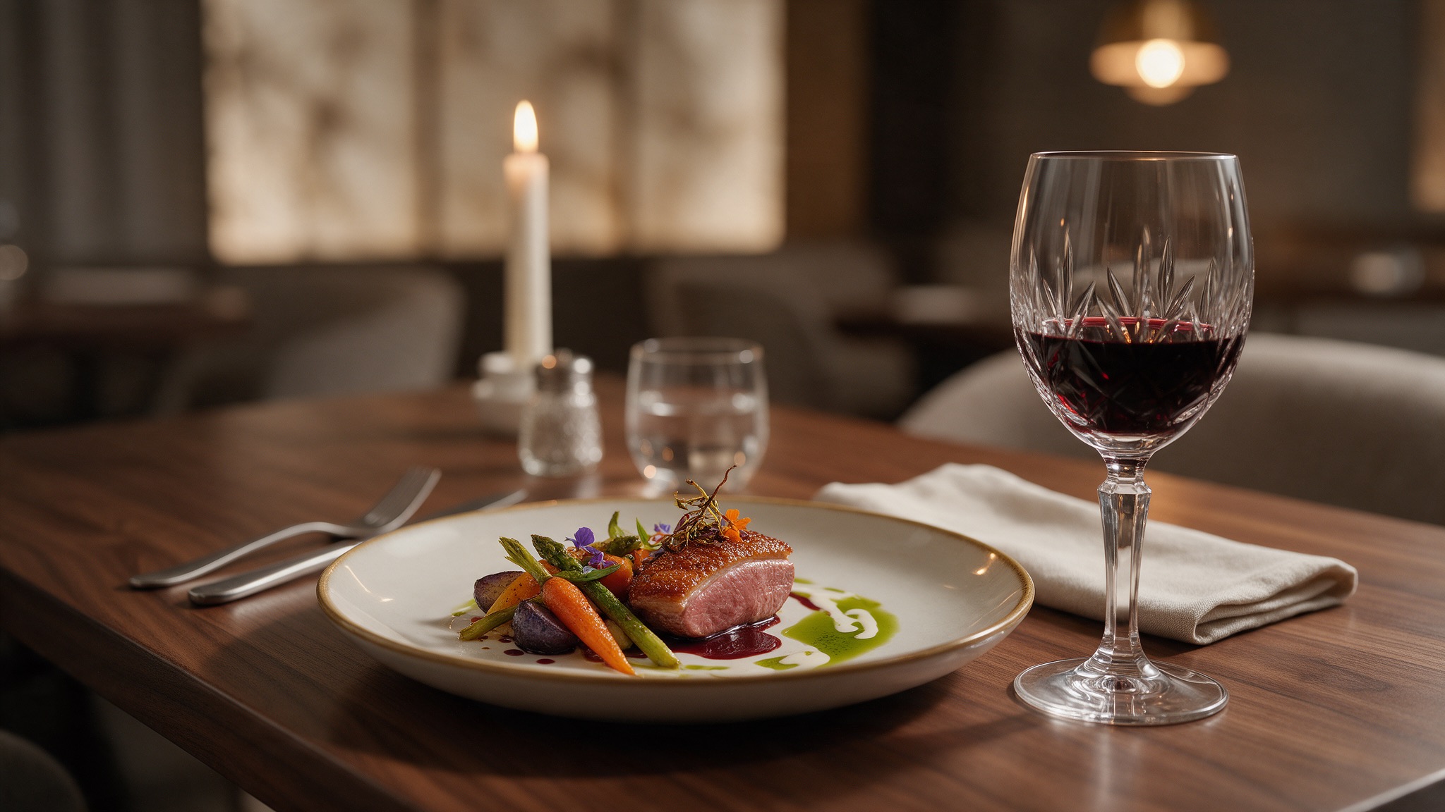 Mesa de alta cocina con plato gourmet y copa de vino tinto