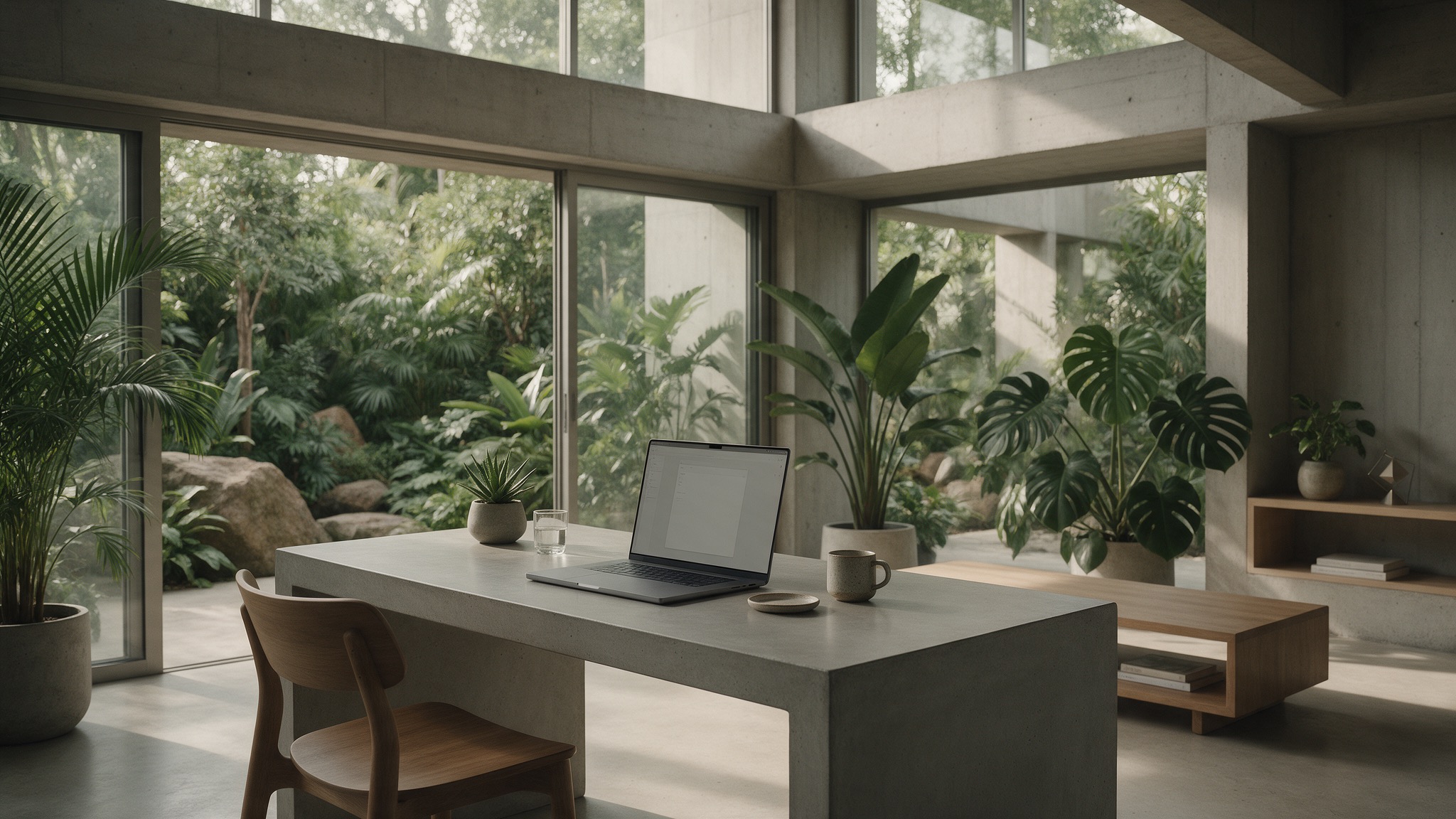 Espacio de trabajo eco-brutalista con laptop y vegetación abundante