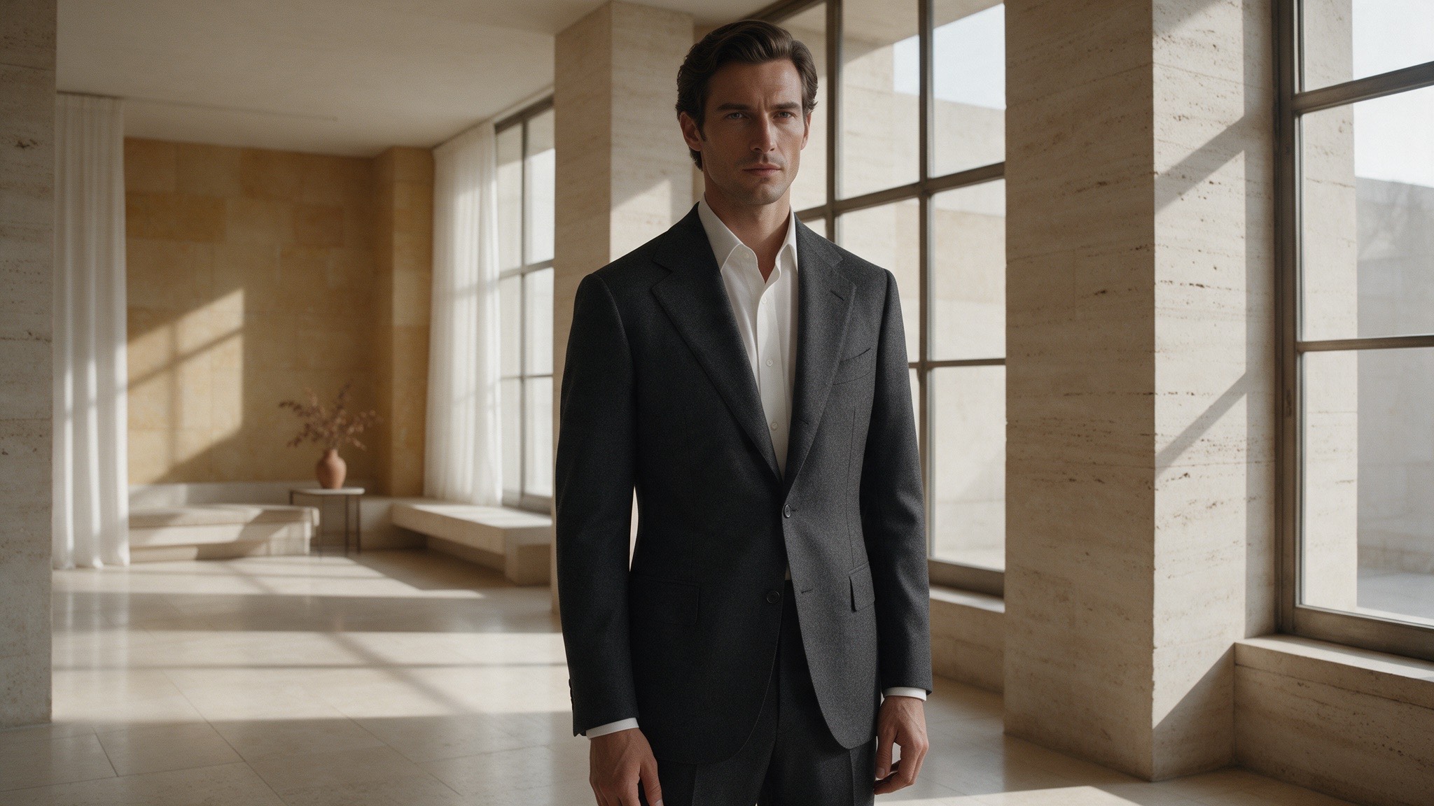 Hombre con traje sastre en interior minimalista, estilo vestuario premium